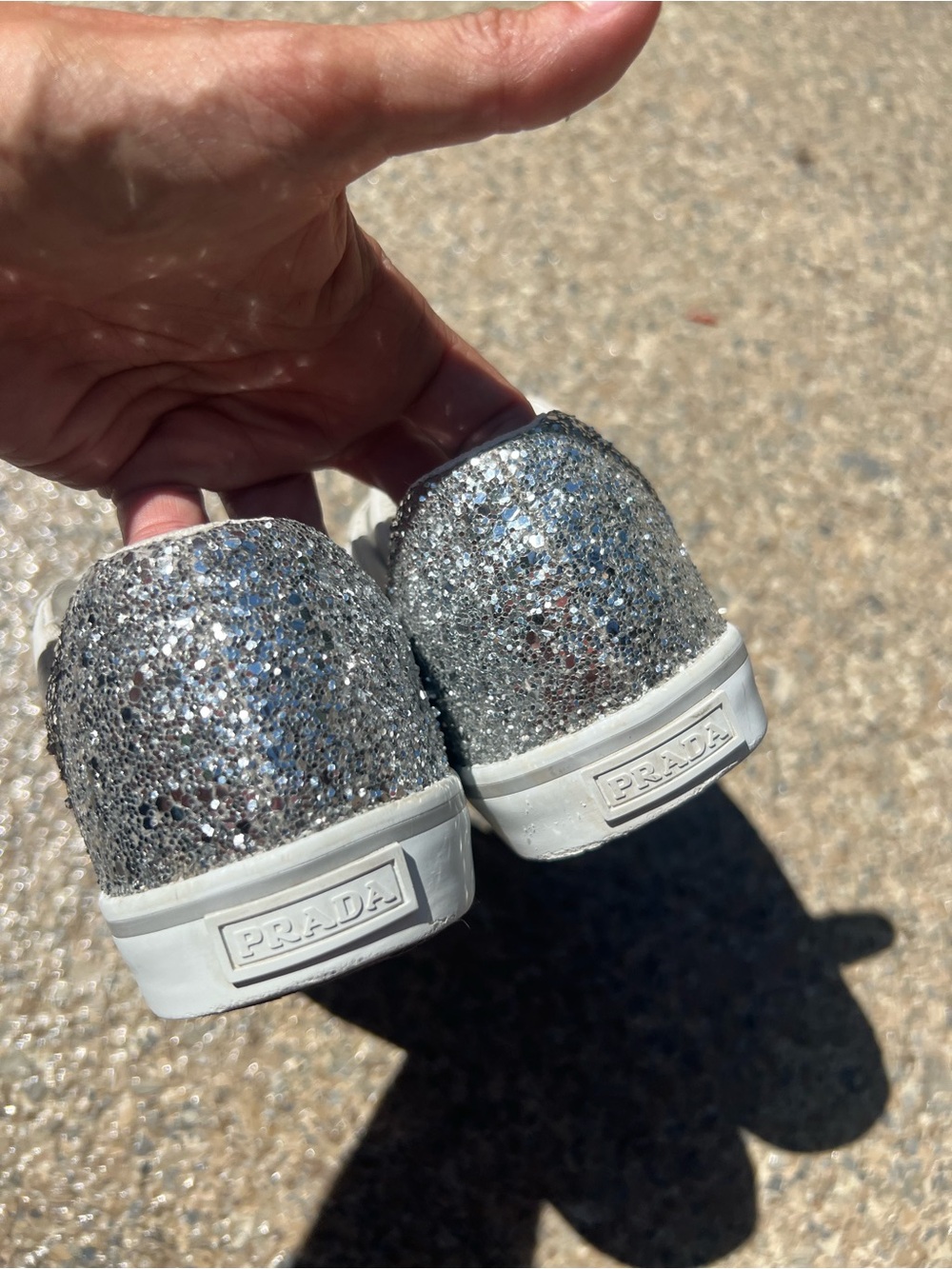 PRADA White Kids Leather Sneakers with Silver Glitter Heel - Picture 6 of 10